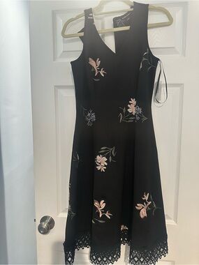 Roz & Ali Black Midi Dress with Pink Floral Embroidery